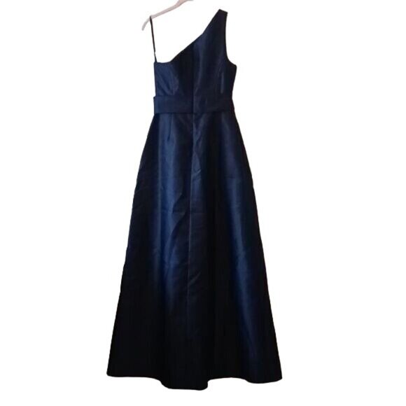 NEW Alfred Sung Draped One-Shoulder Satin Maxi Dress Midnight Navy, Size 2 D815S - Picture 5 of 12